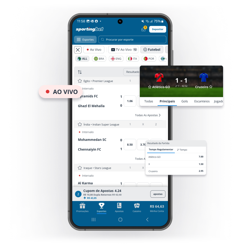 Tela de celular exibindo a página de apostas esportivas da aplicativo da Sportingbet, mostrando placares ao vivo, probabilidades de apostas e opções, incluindo partidas de futebol listadas com datas e valores das apostas.